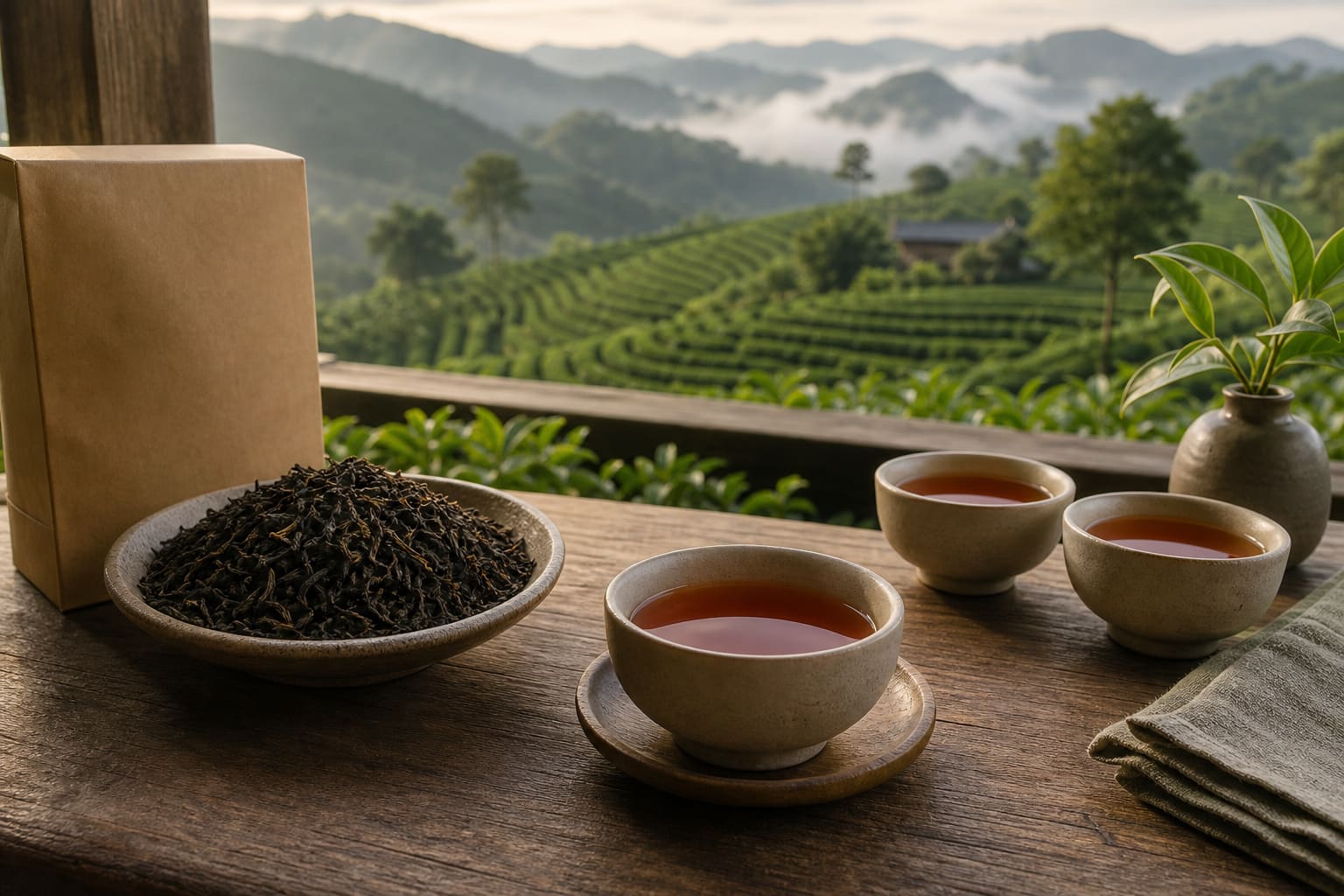 Trà đen rời và nước trà màu hổ phách tại nông trại chè Mộc Châu