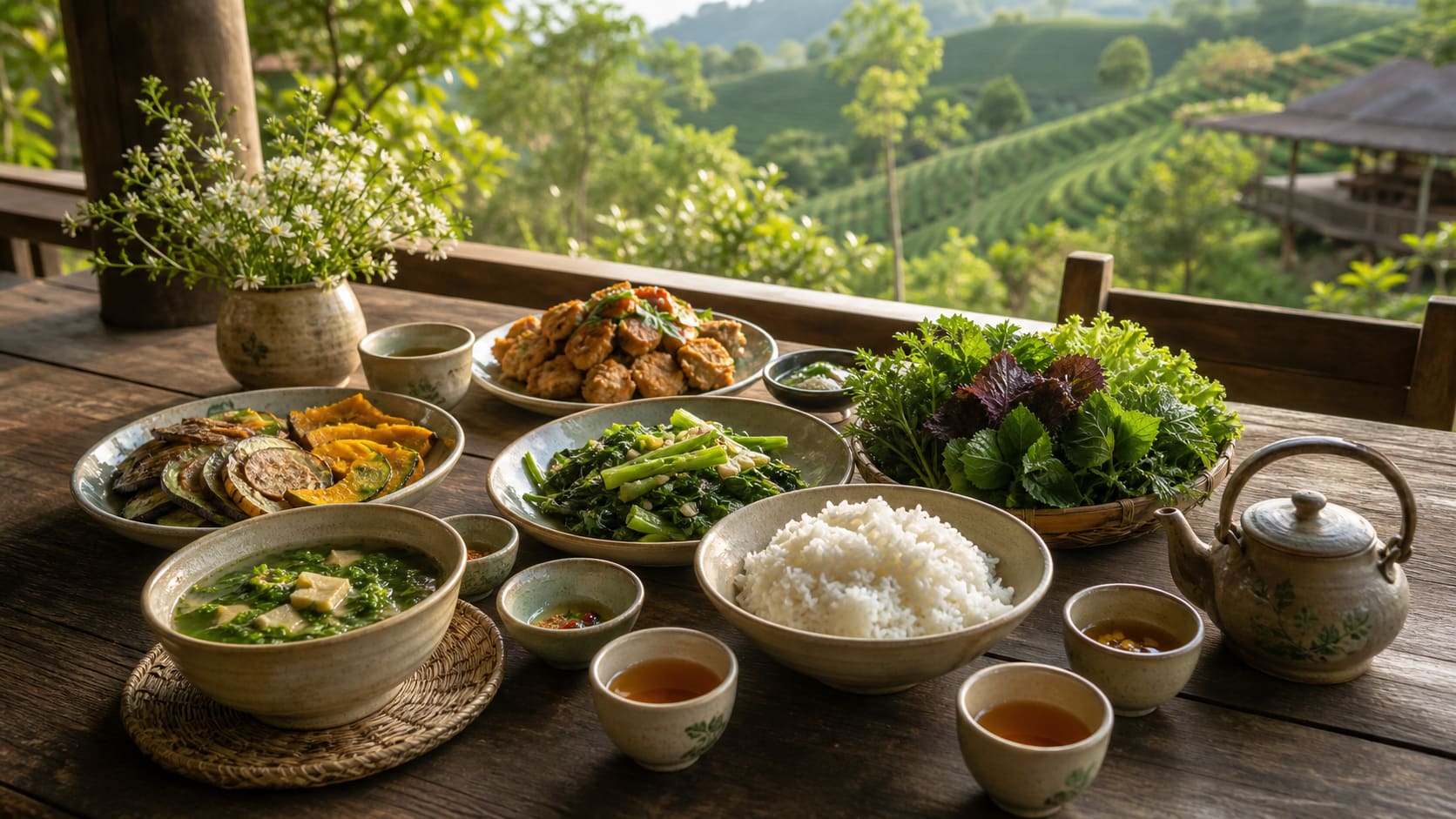 Món địa phương và trà tại nông trại chè Mộc Châu
