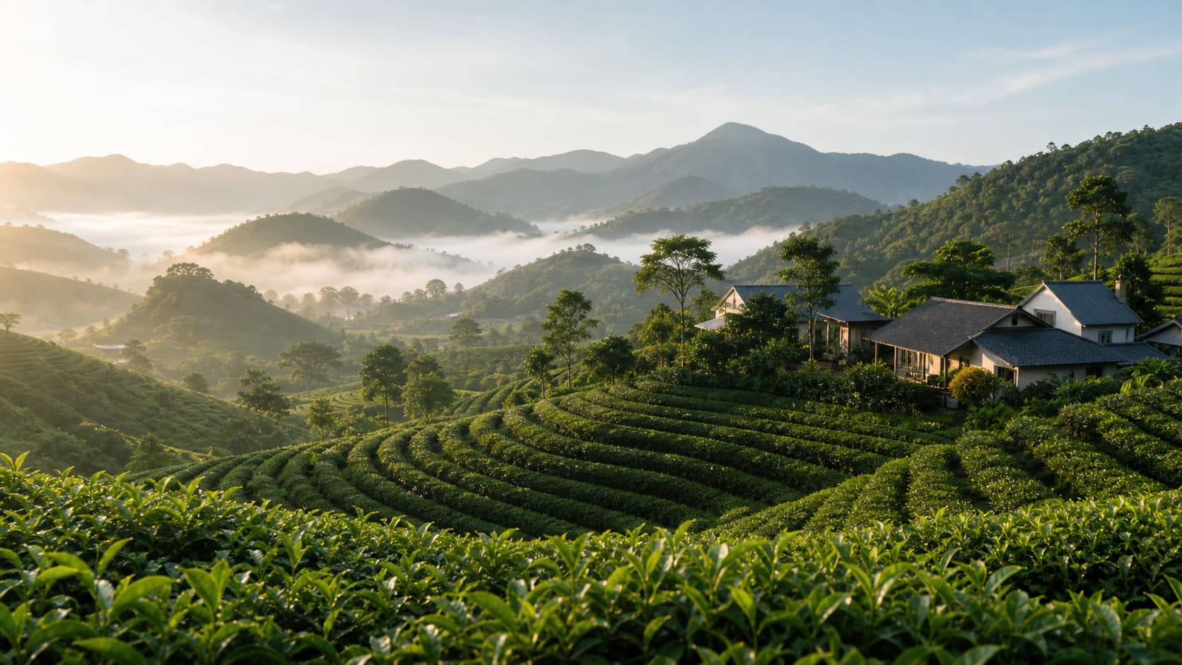 Đồi chè Moc Suong tại Mộc Châu trong sương sớm