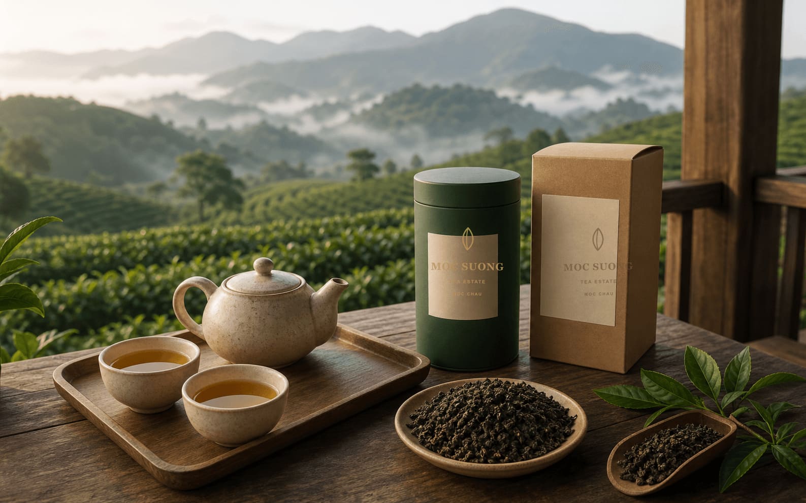 Trà Moc Suong, ấm trà và hộp quà tại đồi chè Mộc Châu