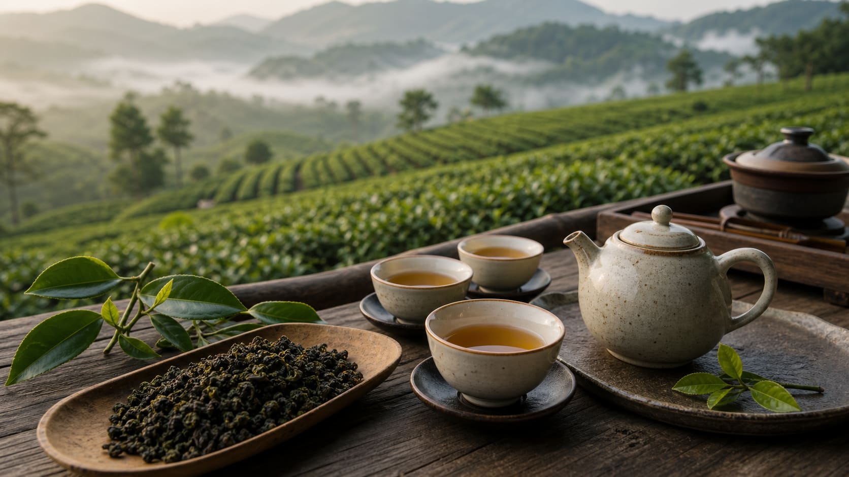 Thưởng trà ô long nhìn ra đồi chè Mộc Châu